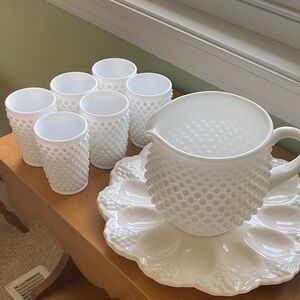 White Hobnail Milk Glass Pitcher and Tumbler Set - Classic Home Dining